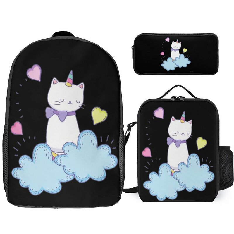 3 in 1 Set 17 Inch Backpack Lunch Bag Pen Bag Divertidos De Cat Unicornio For Sale Firm Lunch Tote Cosy Summer Camps Novelty