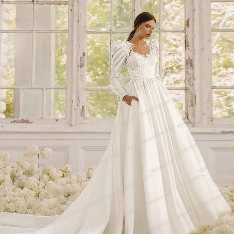 Великолепные блестящие свадебные платья с сердечком для женщин, трапециевидные сексуальные элегантные атласные платья с длинным рукавом, модель 2024 года