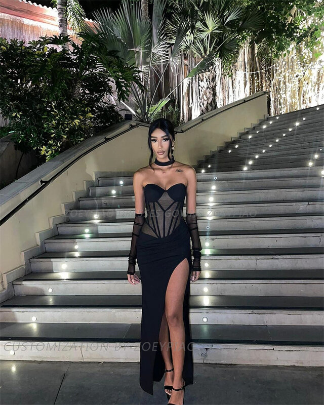Black Satin Side Slit Beach Prom Dresses Sweetheart Full Sleeves Cocktail Formal Event Evening Dress Women's Party Gowns