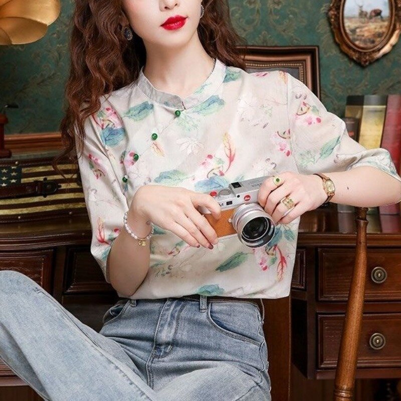 Women's Pullover Short Sleeve Plant&Flowers Printing Beaded Round Neck Chiffon Clothing T-shirt Summer Chinese Style Tops