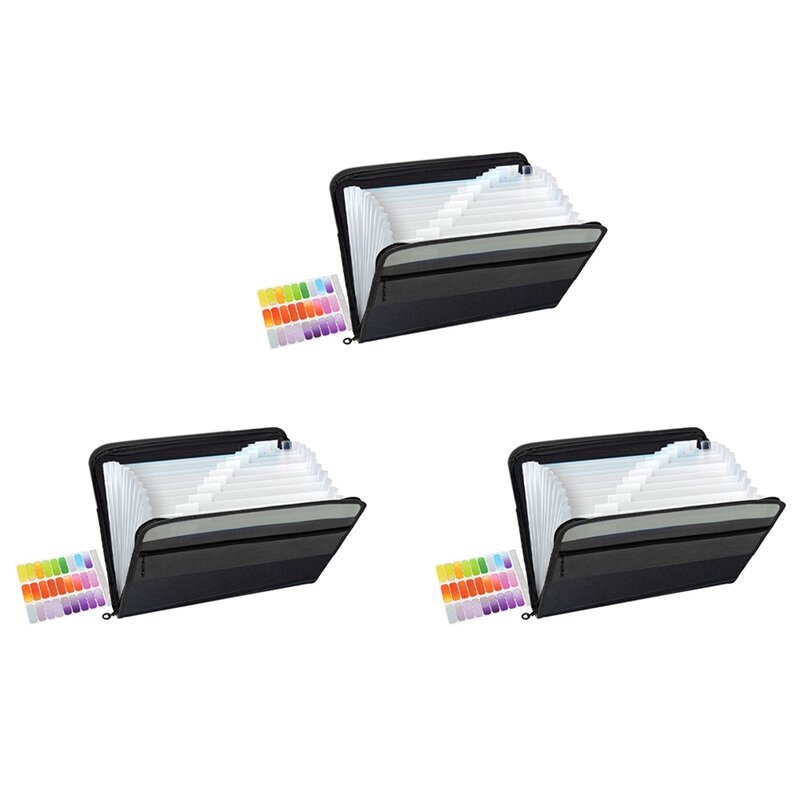3X 13 kantong Folder File tambahan Organizer dompet dokumen plastik A4 untuk penyimpanan alat tulis kantor pribadi (hitam)