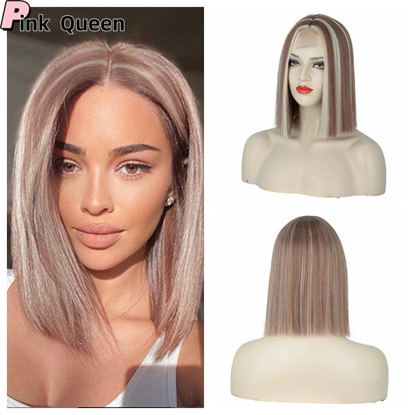 Straight Short Bob Wig Highlighted Transparent synthetic Lace Frontal Wigs For Women Honey Blonde Ombre Highlight Lace Wig