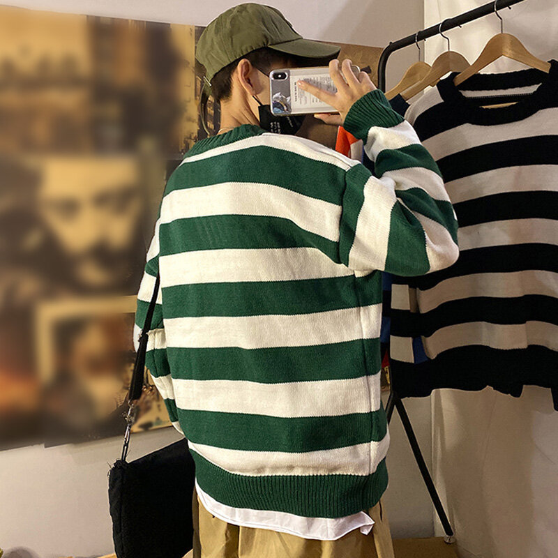Streep Gebreide Trui Mannen Herfst Winter Baggy Lange Mouwen Tops Mode Alle-Match Trend Streetwear Ins Vintage Y2K Mannelijke kleding