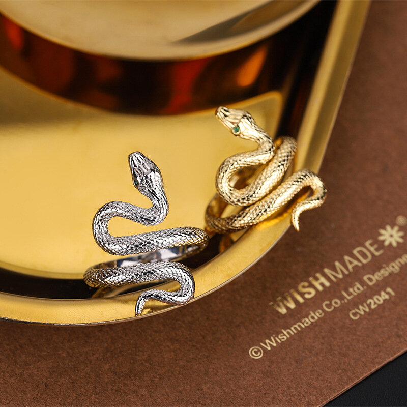 Original 925 Sterling Silver Gold แหวนงูสำหรับผู้หญิงนาฬิกาข้อมือหมั้นเงินผู้หญิงแหวนโบราณเครื่องประดับ Fine