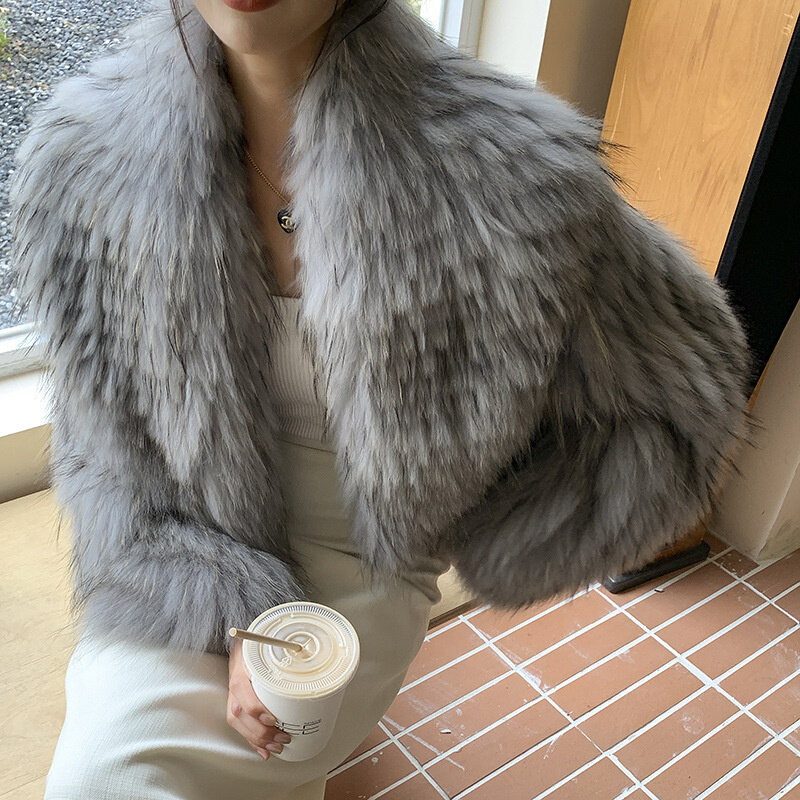 アライグマの髪のネコファーコート,短いハイウエストのコート,女性のファッション2022冬