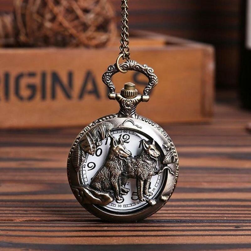Retro Vintage Hollow Wolf Flower Carved Pendant Necklace Quartz Pocket Watch Pendant Fob Watch Chain Gifts for Men