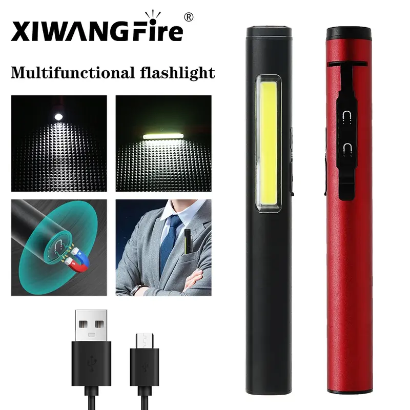 Портативный фонарик, COB-прожектор и XPE Дальний свет, ручка из алюминиевого сплава с зажимом, рабочая модель, встроенная батарея с задним магнитом
