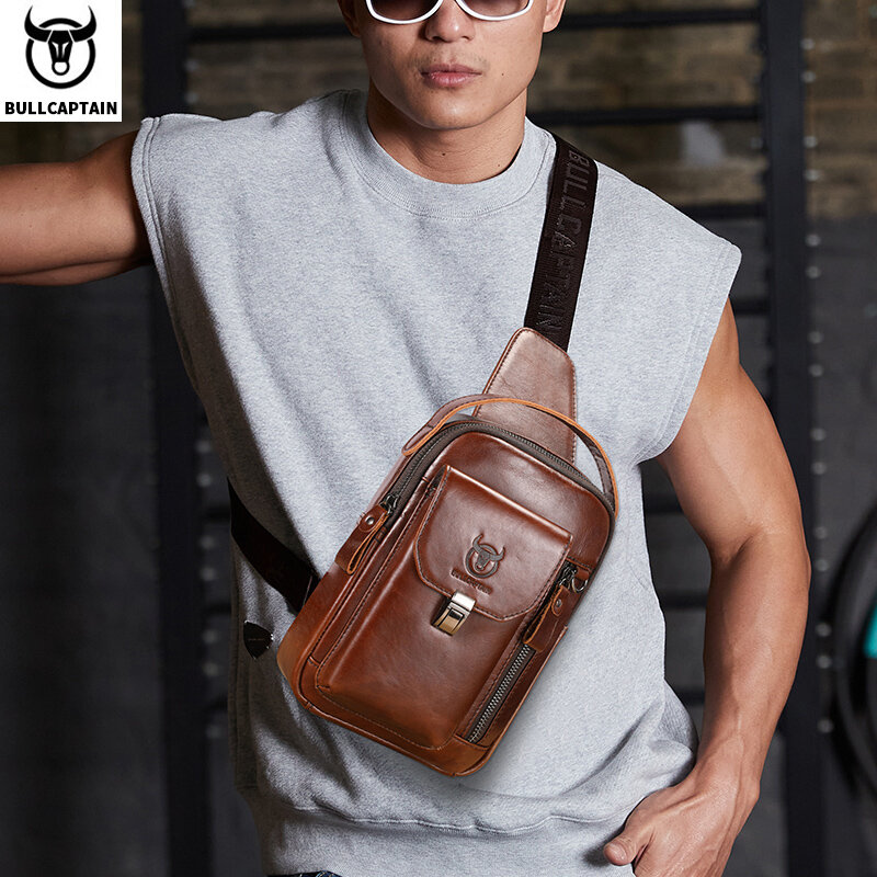BULLCAPTAIN Men's Genuine Leather Chest Bag Casual Retro 7.9-inch Mobile Phone Bag Multifunctional Anti-Theft Crossbody Bag