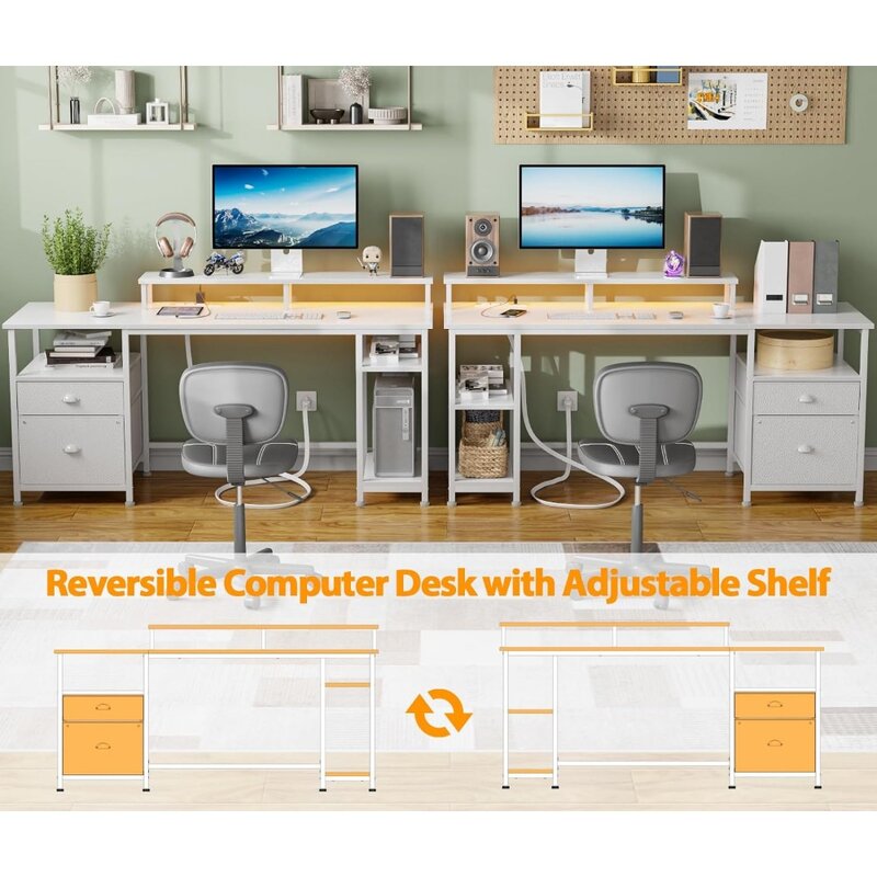 Desk with LED Light & Power Outlets, Reversible Computer Desk with File Cabinet & Drawer,