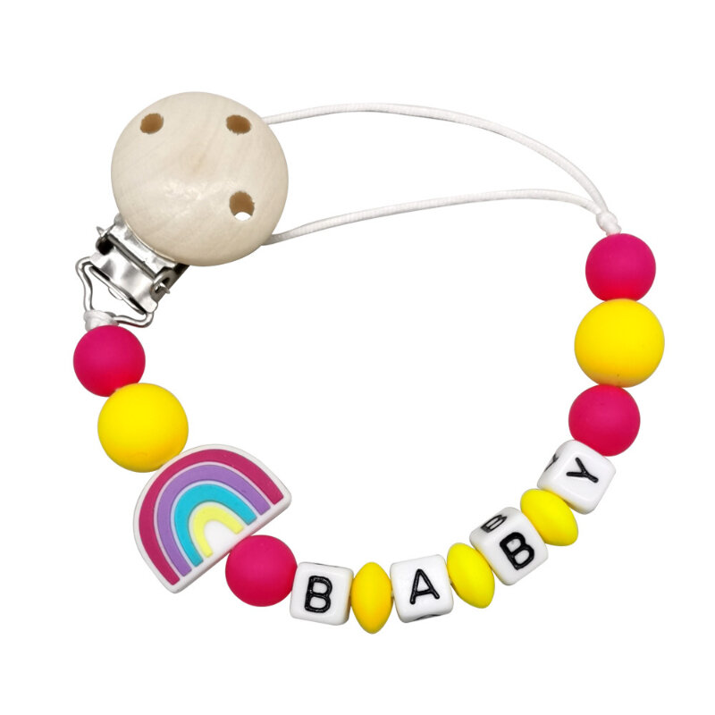 Neue Regenbogen Silikon Schnuller Kette personal isierte Name Baby Schnuller Clip Cartoon Säugling Fütterung Beißring Anti-Drop-Ketten Geschenk