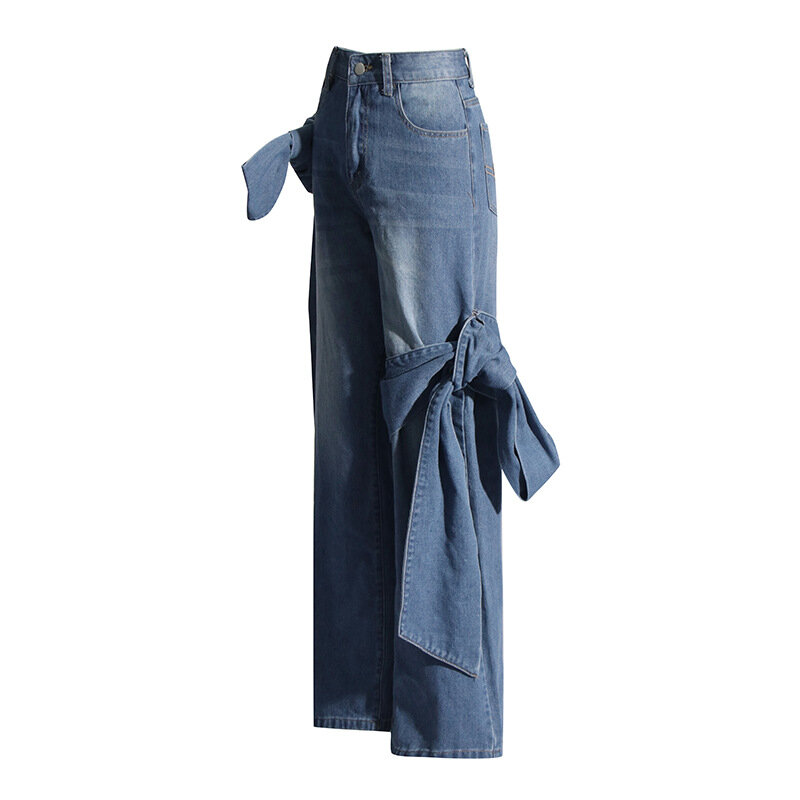 Bogen Denim Jeans Frauen Hose weibliche Business-Arbeit tragen 1 Paar hohe Taille weites Bein Hose lässig heiße Mädchen tragen