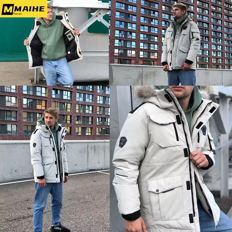 Fashion Cargo Men's White Duck Down Jacket With Fur Collar -30Degrees Men Casual Waterproof Down Winter Thicken Warm Parka Coats
