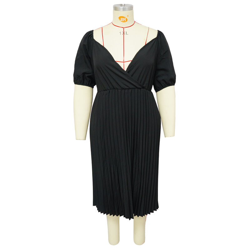 Plus Size Kleider elegante einfarbige Plissee Kurzarm Kleid Sommer Mode Büro Lady Club Party Vestidos Kleidung 2023