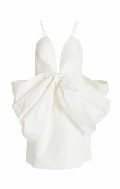 Exklusives bogen detailliertes Seiden faille Mini kleid weißes Vintage-Kleid Spaghetti träger rücken freies Mini kleid V-Ausschnitt Kleider Bowknot