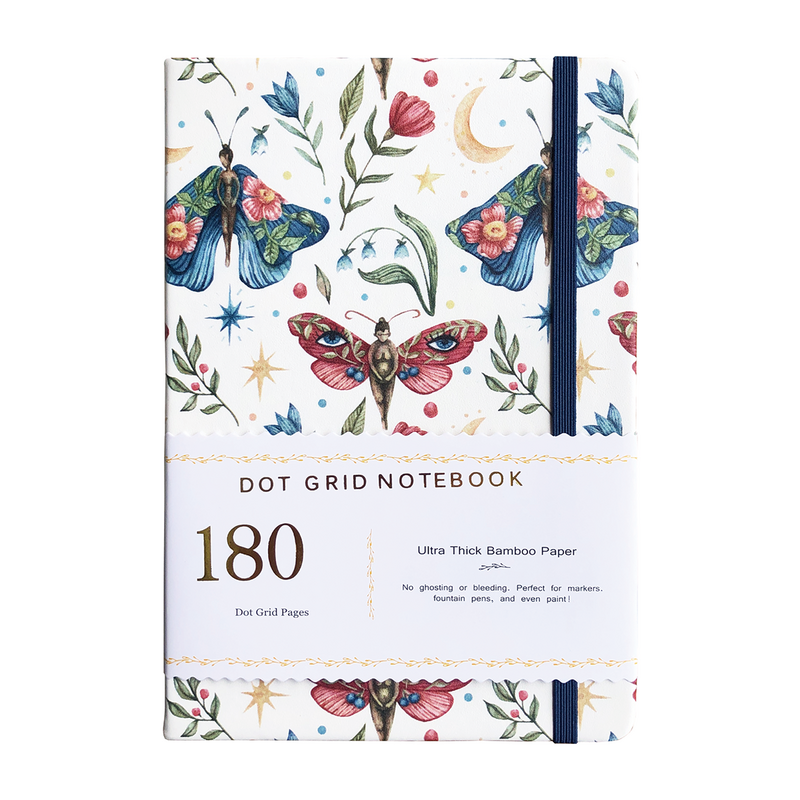 Cuaderno de papel de bambú A5 de 180GSM, libreta de cuadrícula de puntos de tapa dura de cuero PU, 160 páginas, flor de mariposa misteriosa