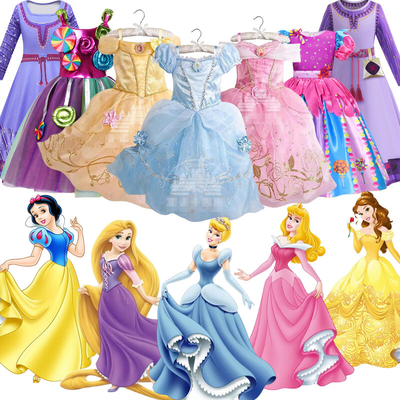 Children Princess Dress Arlo Cinderella Asha Candy Cosplay Gown Long Hair Dress Up Girls Mermaid Costume Kid Belle Girl Costumte