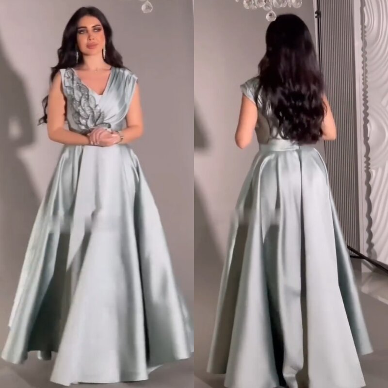  Wieczorowa satynowa aplikacja z koralikami suknia ślubna dekolt w serek okazje na zamówienie długie sukienki Arabia Saudyjska