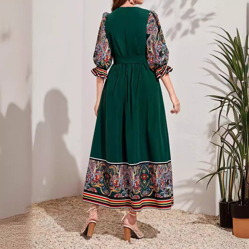 Элегантный повседневный Абая кафтан, платья, винтажное мусульманское платье с принтом, полурукавом и круглым вырезом, макси халат, элегантный женский сарафан 2024