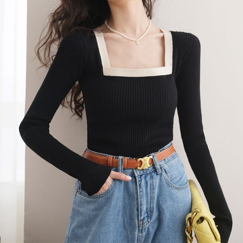 Backless Pullovers Women Elegant Slim Gentle Square Collar Chic Leisure Panelled French Style Temper Designed Aesthetic Knitted