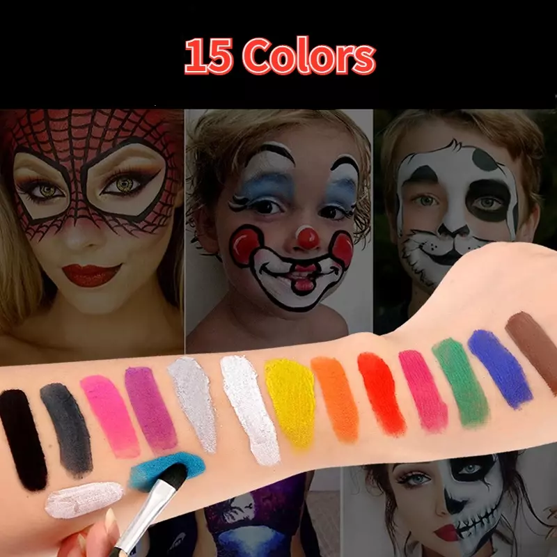 Kit de pintura facial de 15 colores, maquillaje corporal, pintura al agua no tóxica, aceite con pincel para Navidad, Halloween, carnaval, fiesta vibrante