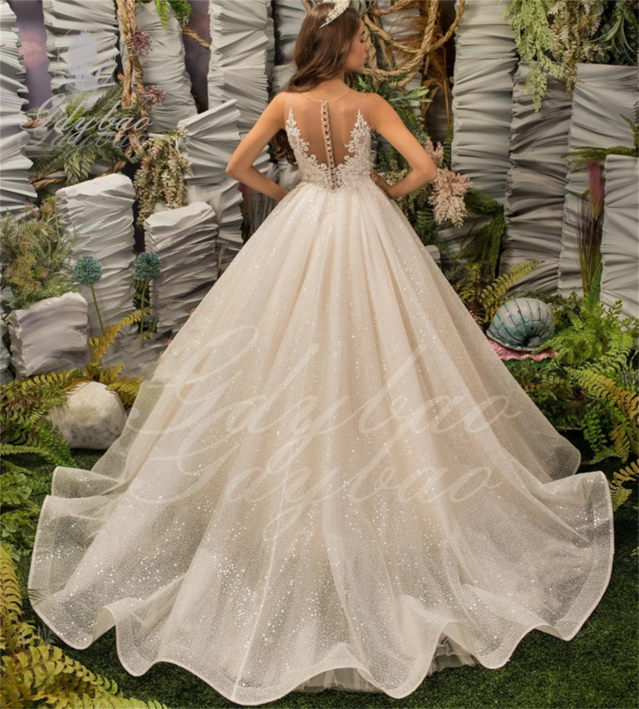 Платье без рукавов с цветочным рисунком для девочек, свадебное, Тюлевое, с аппликацией из пушистых блесток, элегантное детское платье для первого эухаристического дня рождения