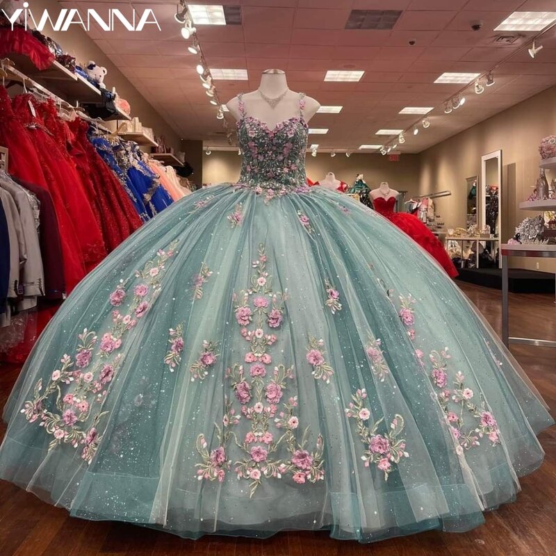 Graceful Spaghetti Straps Quinceanrra Prom Dresses Charming 3D Flower Princess Long Shiny Colorful Sweet 16 Dress Vestidos