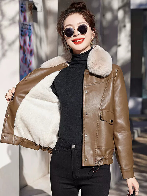 Baru Wanita Ditambah Lapisan Beludru Jaket Kulit Musim gugur Musim dingin Santai Mode Kerah Bulu Longgar Menebal Hangat Kulit Pakaian luar Perempuan