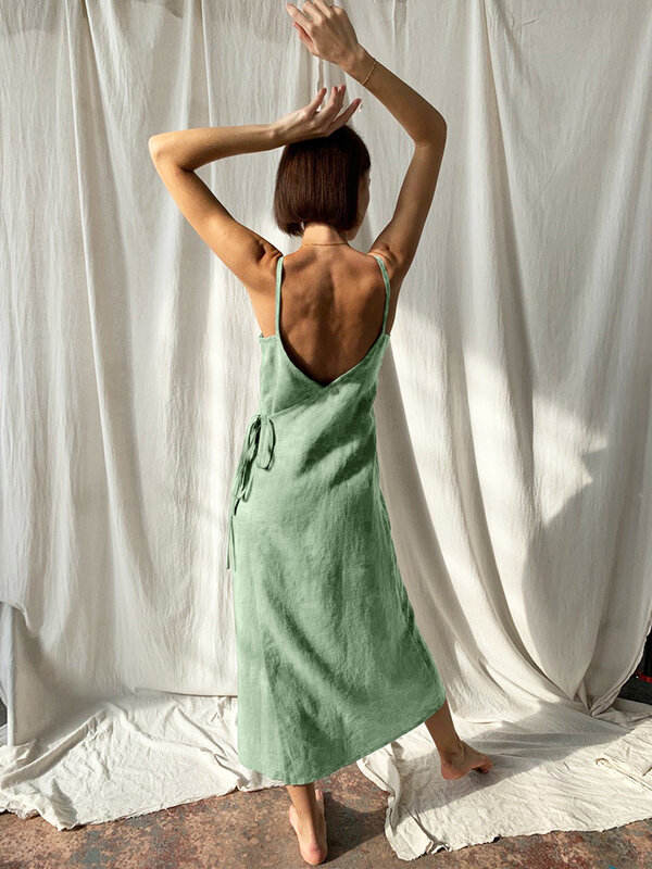 فستان سهرة قطني أخضر من Hiloc ملابس نوم نسائية مثيرة بشريط سباغيتي بدون ظهر ورباط فستان نسائي في منتصف الساق موضة ربيع 2023