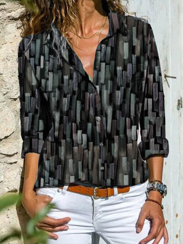2024 nuove camicie e camicette da donna Retro Geometric Color BlockPrinting Button camicia Casual a maniche lunghe Fit Summer abbigliamento femminile