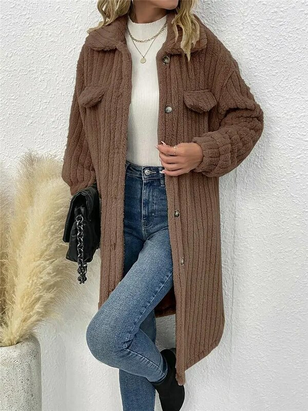 Women Winter Faux Fur Sweater Luxury Striped Sherpa Fleece Long Cardigan Vintage Lapel Robe Warm Puffy Coat