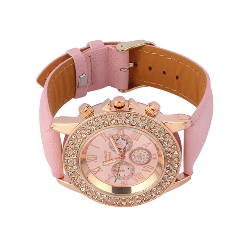 Relógio de pulso de quartzo com mostrador de cristal feminino, pulseira de couro analógico, rosa, feminina, senhoras, mulheres, 20