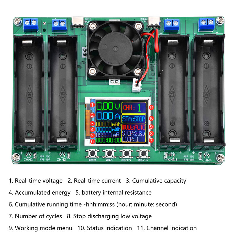 Módulo probador de capacidad de batería de litio 18650, Detector de potencia de batería 18650, MAh, MWh, Digital, cuatro baterías, tipo C