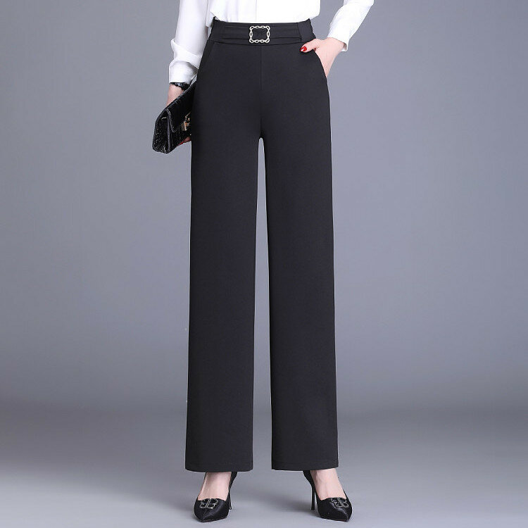 Лето 2023, стрейчевый костюм, прямые брюки с широкими штанинами, брюки с высокой талией, укороченные женские брюки, драпированные офисные женские облегающие Костюмные брюки