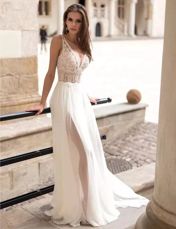 Платье Свадебное ТРАПЕЦИЕВИДНОЕ с V-образным вырезом, длинными рукавами и Боковым Разрезом