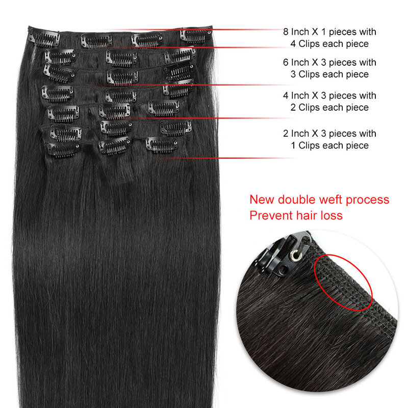 Włosy doczepiane Clip In klips do włosów z naturalnej czarnej podwójne pasma w doczepy z ludzkich włosów dla kobiet 16-20 Cal Remy