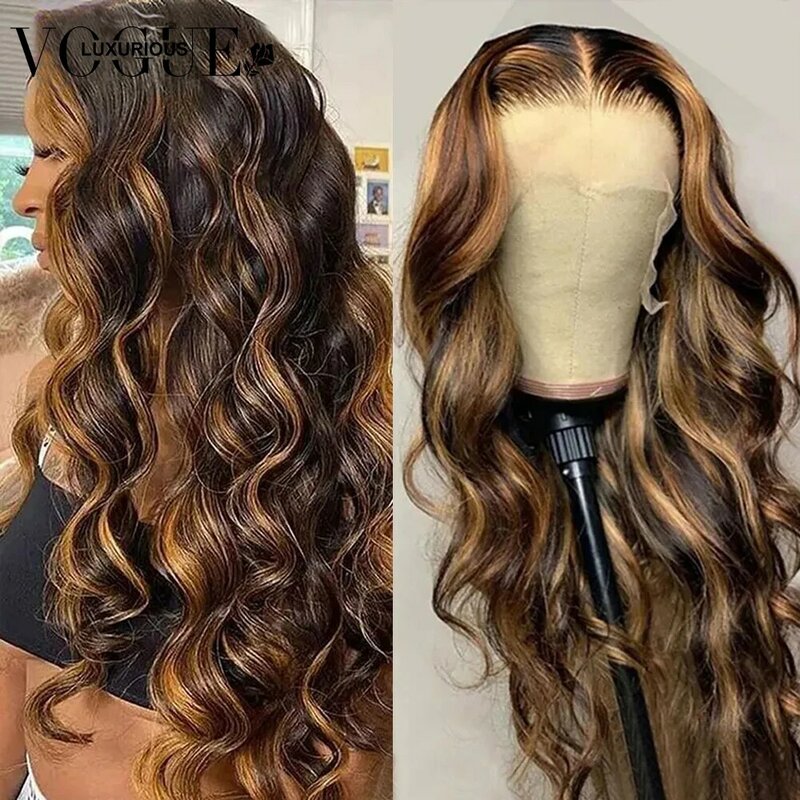Glueless Body Wave 13X4 Human Hair Frontal Wigs Highlight Brown T Part Closure Lace Wig Natural Hairline Pre Plucked For Woman
