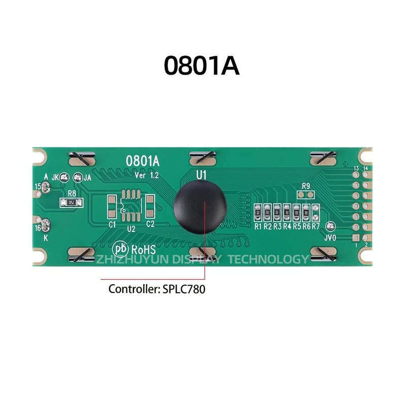 Pantalla de visualización de caracteres 0801A 6800, controlador HD44780 SPLC780 paralelo de 8 bits, película gris STN, fuente azul, garantía de tres años