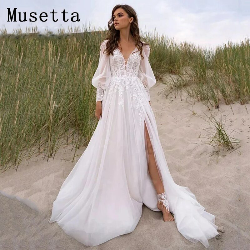 Musetta Beach scollo a v abiti da sposa semplici 2023 maniche a sbuffo abito da sposa senza schienale con spacco alto Applique in pizzo Tulle Robe De Mariée