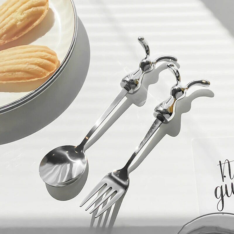 Sendok Stainless Steel kreatif, garpu buah kartun kelinci gaya INS teh susu kopi tongkat pengaduk makanan penutup sendok peralatan makan