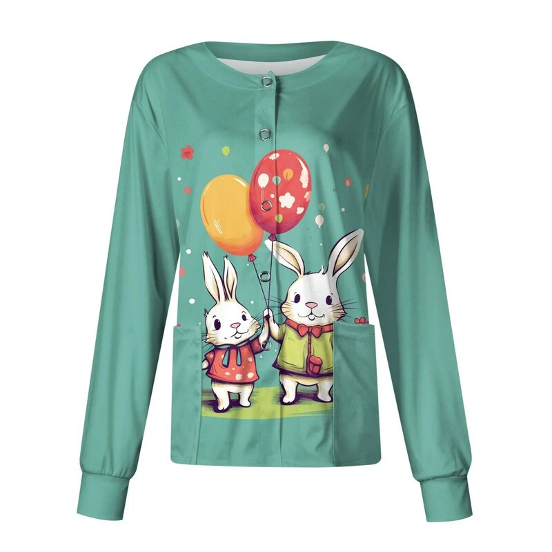 Beauty Salon Uniform Women Comfort Easter Printed Long Sleeve O Neck Holiday Fun Working Tshirts Blouse Nurse Tops With Pockets