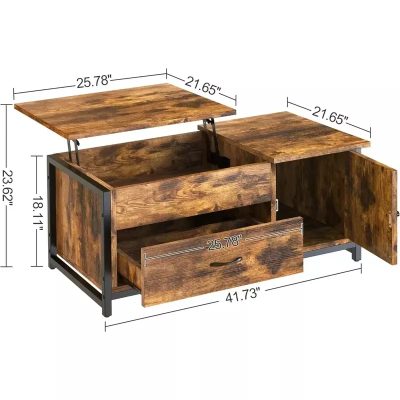 Table basse relevable avec rangement, compartiment GNE, porte de grange, armoire centrale, table console de canapé, marron rustique 2, 41.7 po