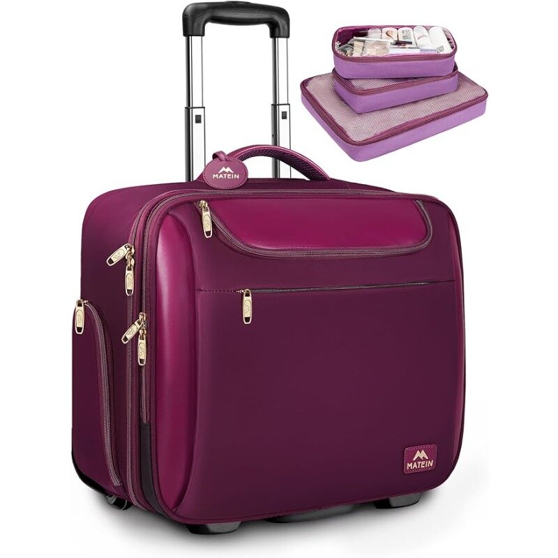 Large 17 Inch Laptop Bag with Wheels & 3 Packing Cubes,   Roller Computer Case Suitcase for Overnight College Work, Purple