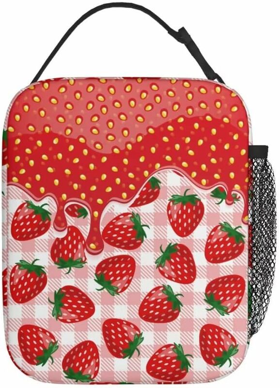 Strawberry Pink Plaid Reusable Lunch Bag, 8 x 4 x 10 inches