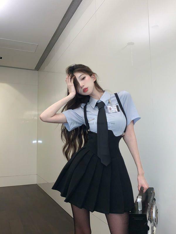 Sweet Hot Korean Style JK Uniform Set Blue Girl Sexy Short Sleeve Shirt Women's Summer Pleated Suspended Dress Two Piece Jk Set