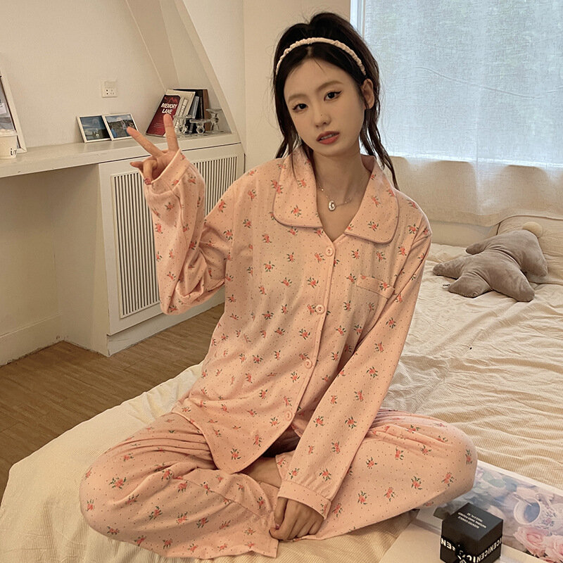 Conjunto de Pijama de algodón de 2 piezas para mujer, ropa de dormir femenina, camisa de manga larga con solapa, pantalones, traje, ropa de casa