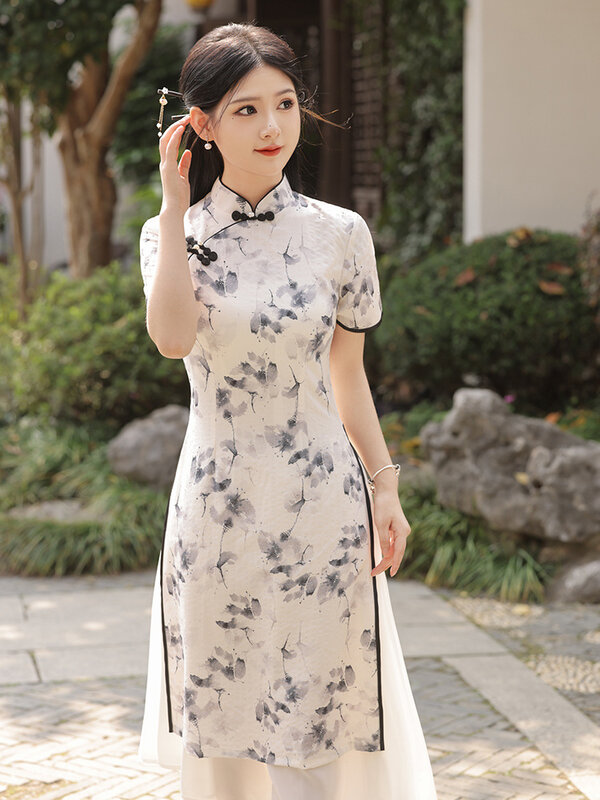 Alta qualità moda migliorata seta Aodai Cheongsam stampa manica corta abito Vintage costumi donna Qipao S a 4XL