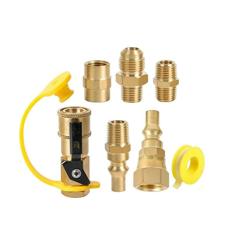 RV Propane Quick Connection Adapter Brass 1/4 Inch Male NPT Full Flow Plug & 3/8 Inch Male Flare Quick Kit