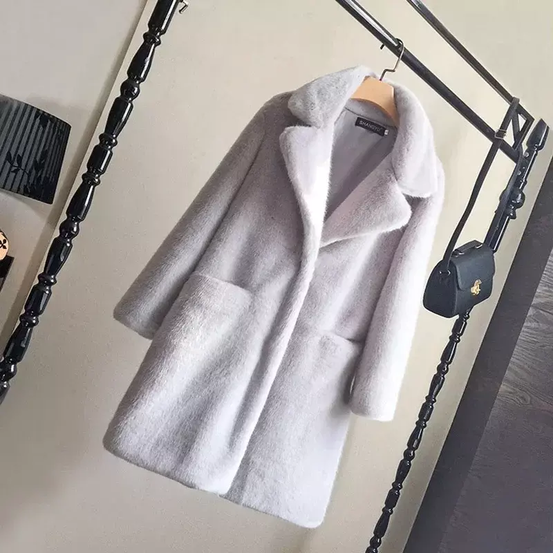 Comprimento médio Imitação Mink Fur Coat para as Mulheres, Integrado, Novo
