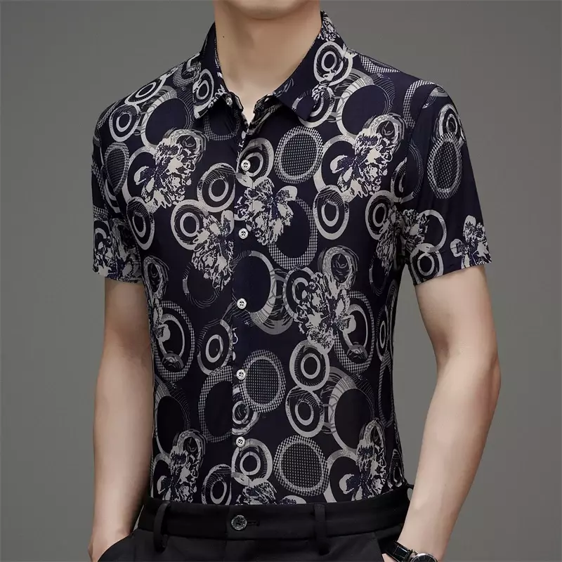 Camisa de seda gelo de manga curta masculina, solta e confortável, sem ferro, tendência casual, elegante, novo, verão