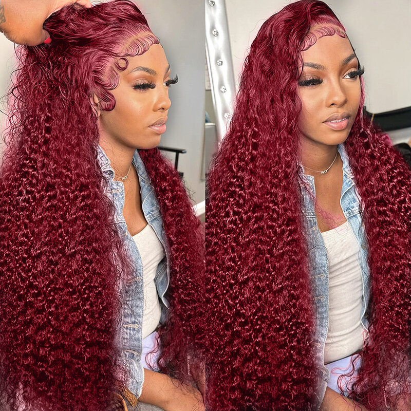 Peluca de cabello humano rizado con encaje Frontal, postizo de encaje Frontal de 13x4, 13x6, HD, 30 y 34 pulgadas, color rojo borgoña